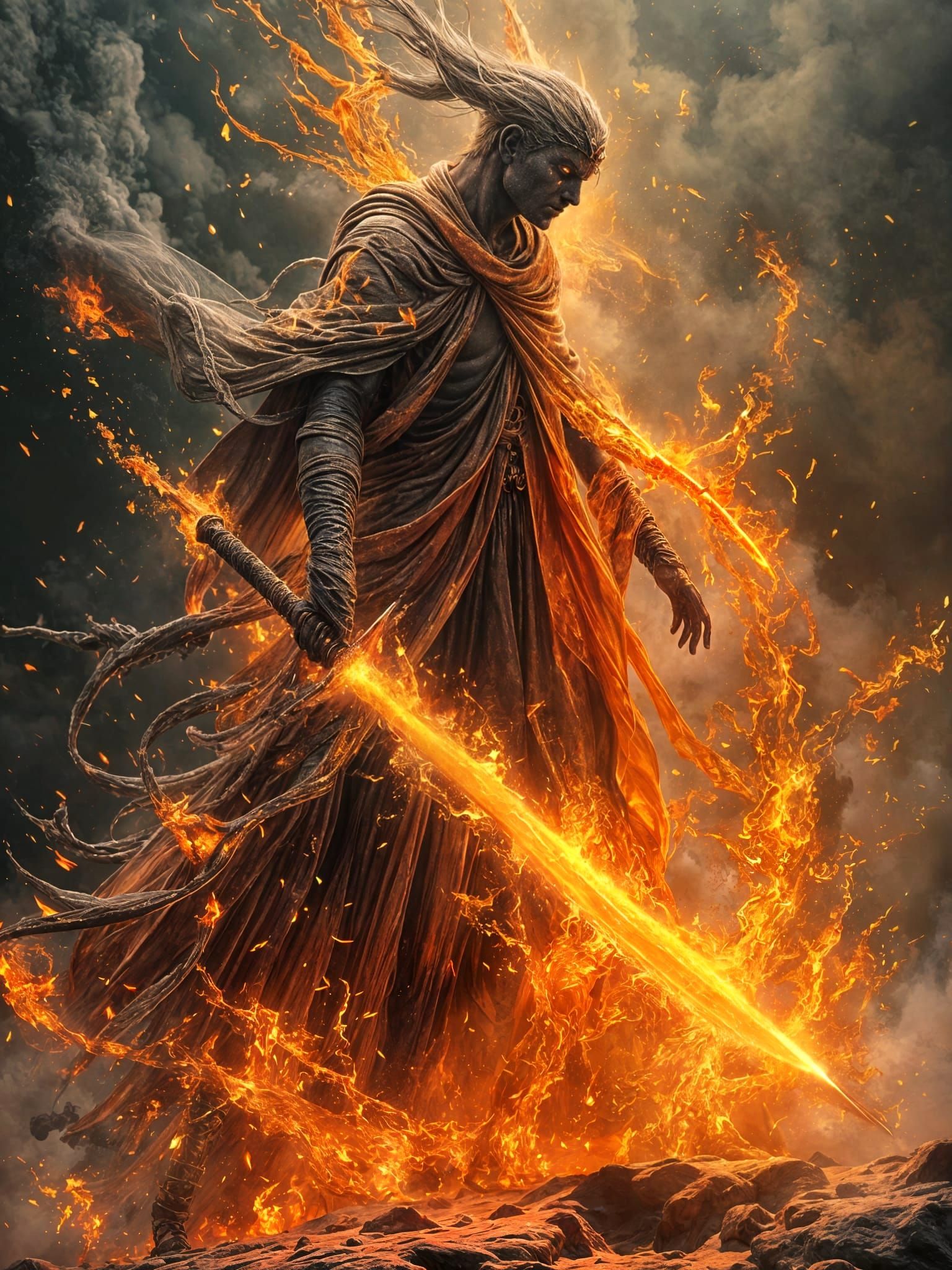 Sword of Blazing Fire in Dark Oil Painting Style