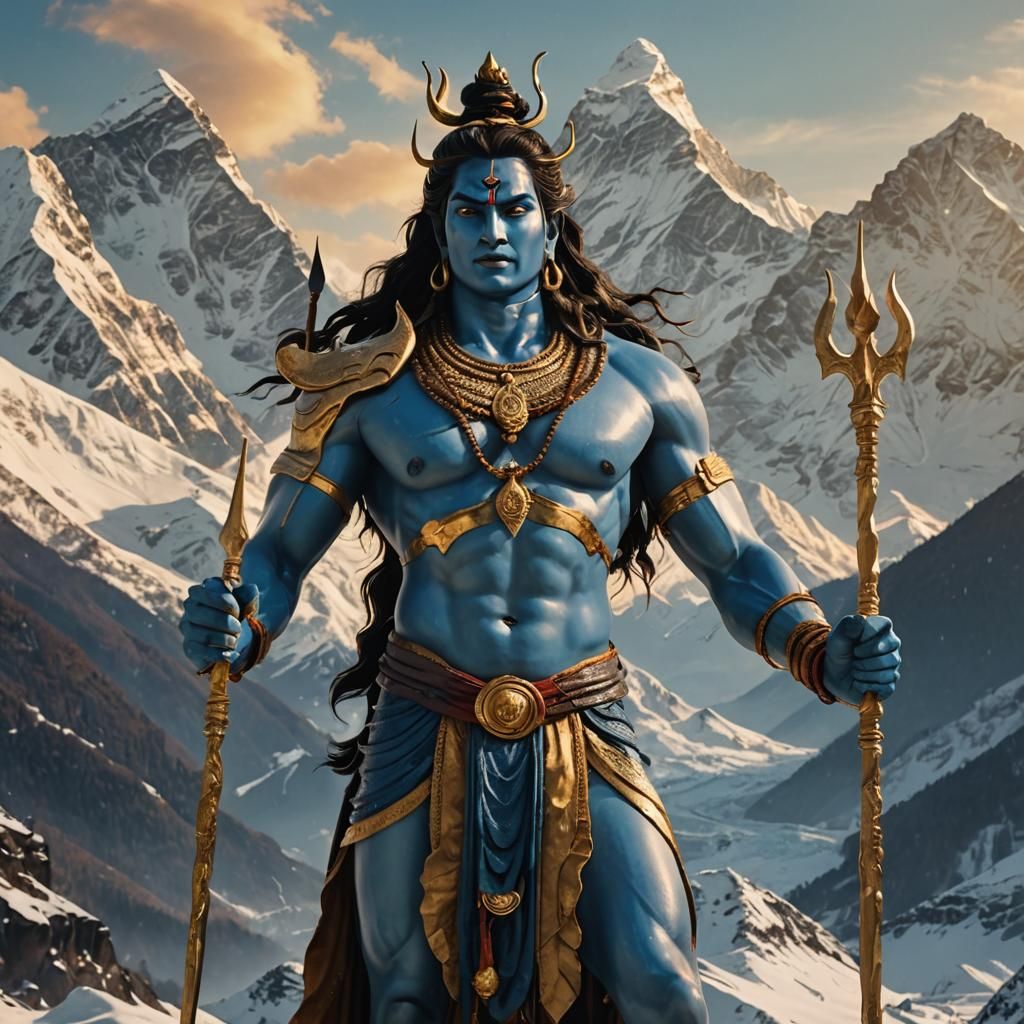 Lord Shiva in Himalayan Vista: Vibrant Oil Painting