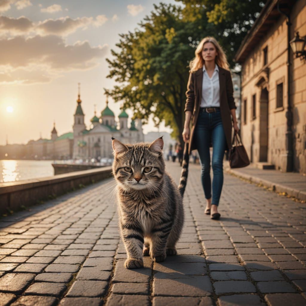 Elegant Riverbank Scene with Blonde Woman and Coffee at Suns...