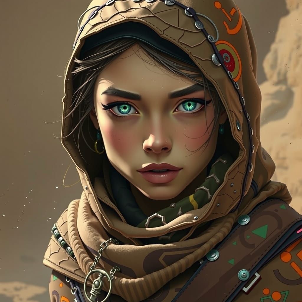 Sci-Fi Woman with Blue Eyes in Medieval Cloak