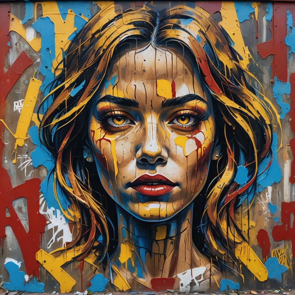 Graffiti Art: Woman's Face on Rusty Metal Wall
