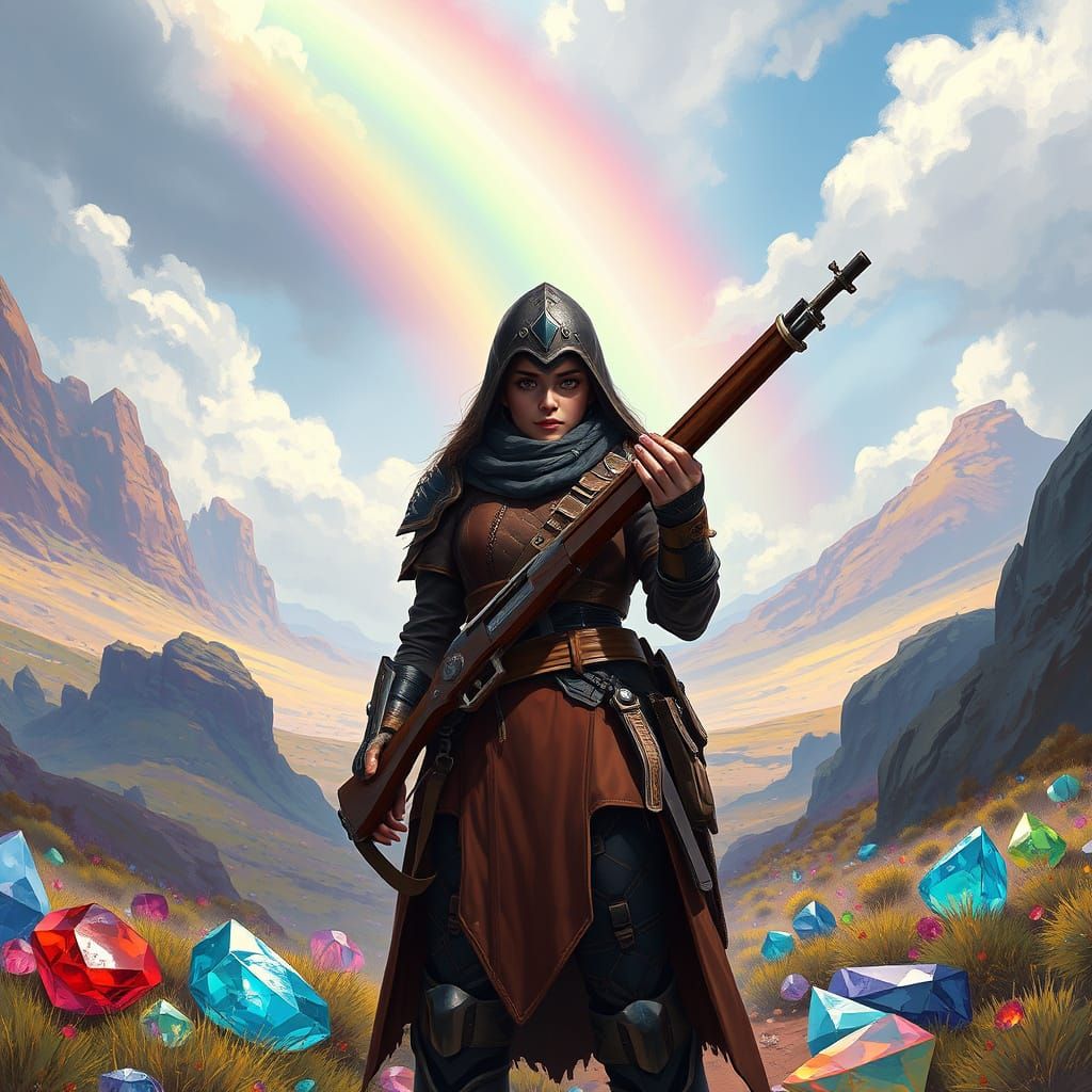 Bounty Hunter in Gemstone Landscape, Digital Concept Art