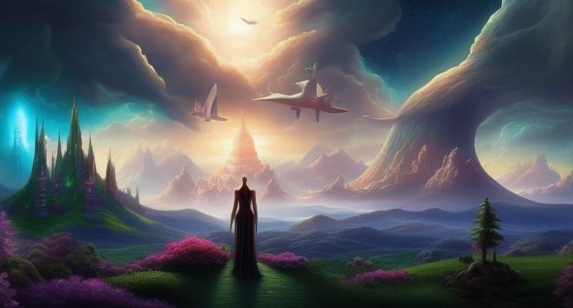 Iridescent Fantasy Landscape with Luminous Sun