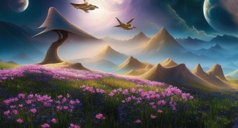 Iridescent Fantasy Landscape with Luminous Sun and Flowers