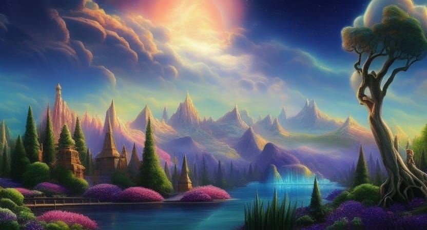 Iridescent Fantasy Landscape with Luminous Flowers