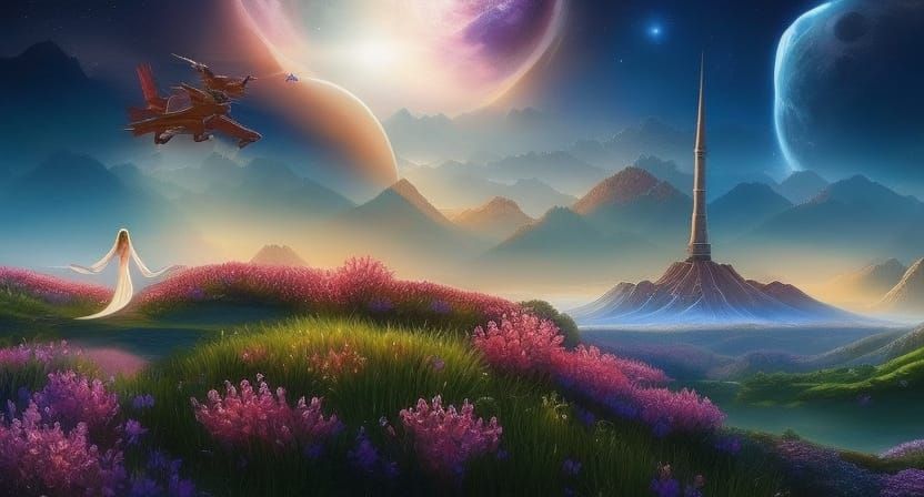 Iridescent Fantasy Landscape with Luminous Sun and Flowers