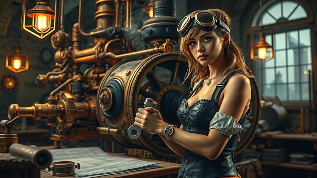 Steampunk Engineer Working on Intricate Engine