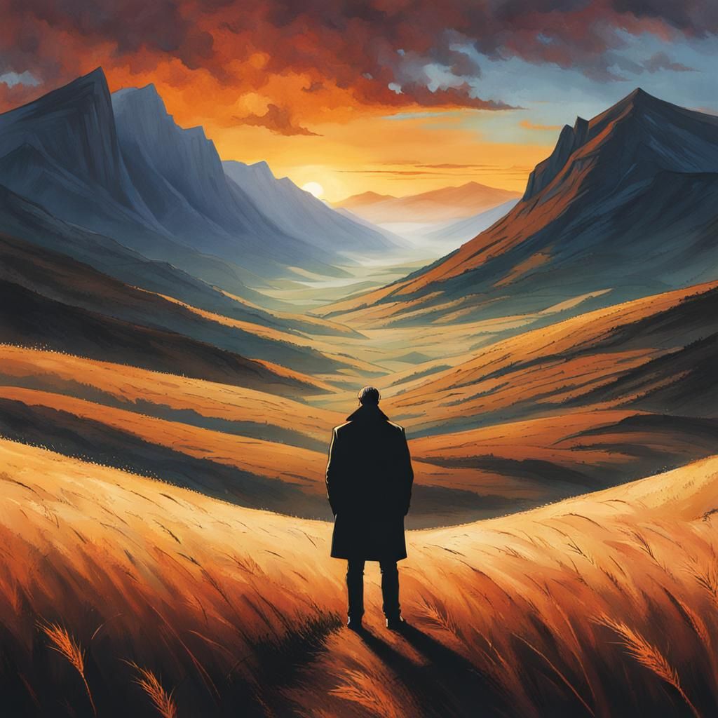 Man Embracing Sunset in Mountain Field
