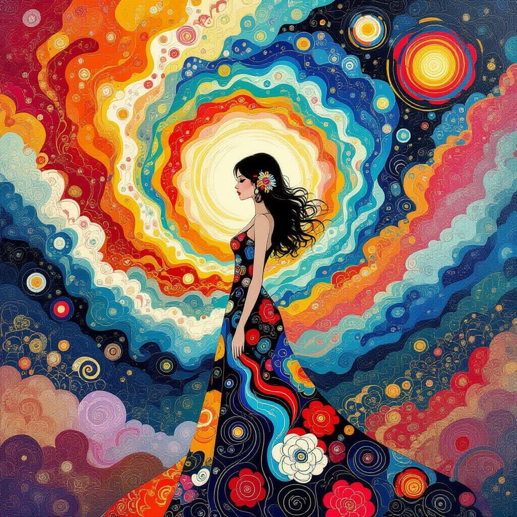 Woman in Swirling Patterns, Expressive Art Style