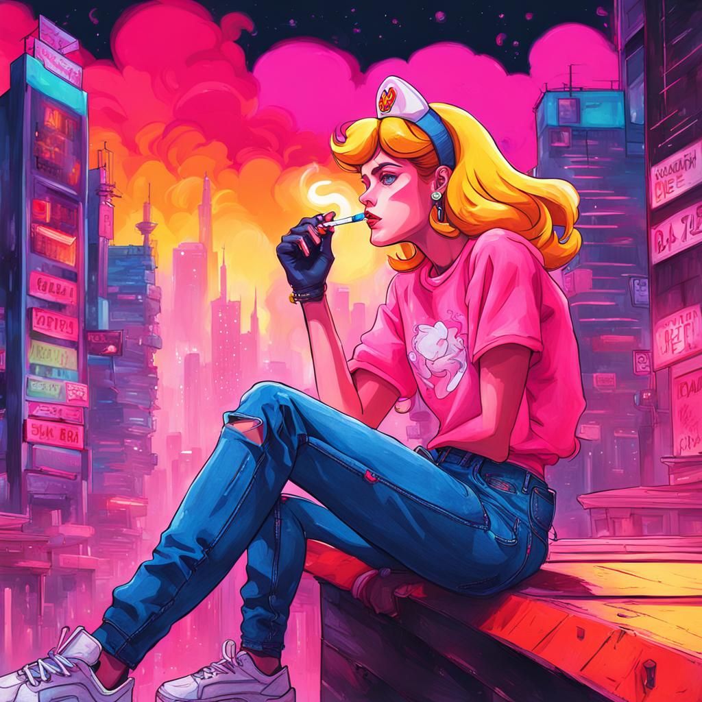 Princess Peach in Cyberpunk City, Gouache Painting