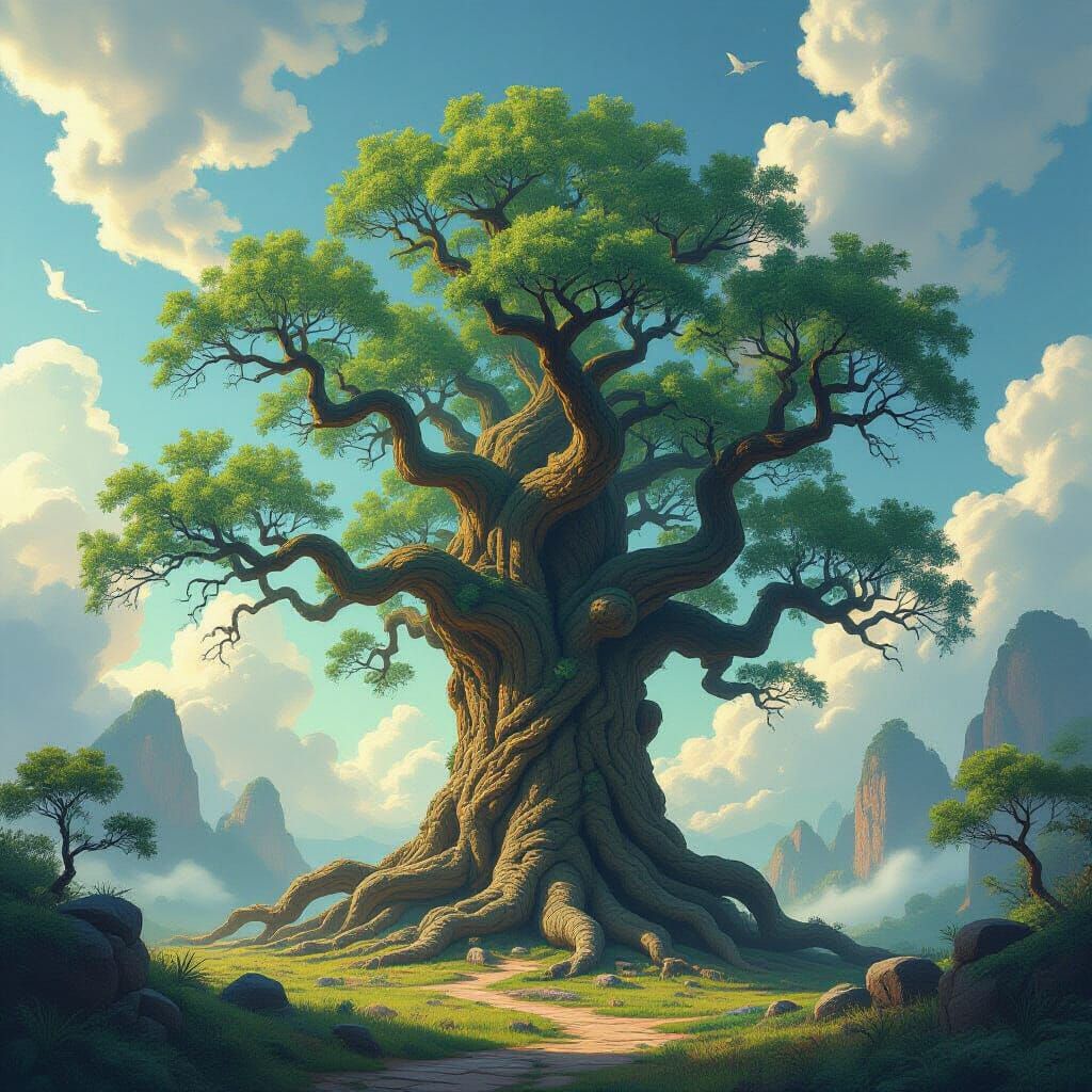 Mystical Tree in Dreamlike Landscape as Digital Art