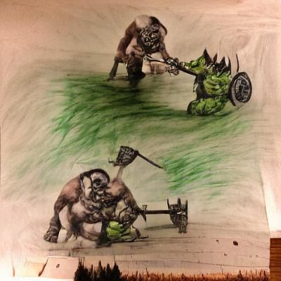 Orc Barbarian Crushing Goblin: Charcoal Drawing