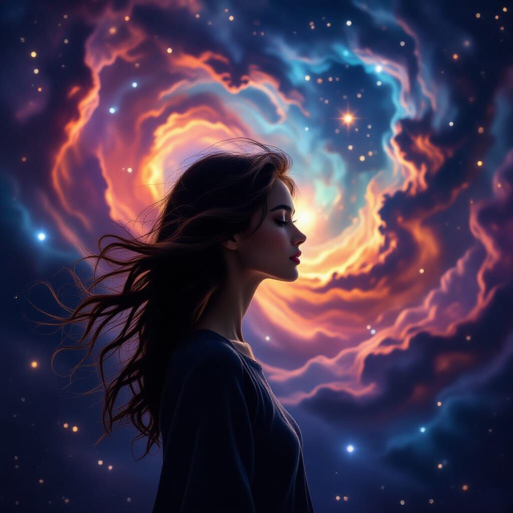 Woman's Silhouette Against Swirling Nebula in Cosmic Renaiss...