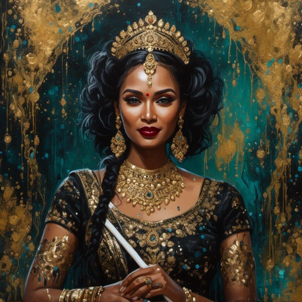 Indian Woman Playing Sitar in Grunge Style