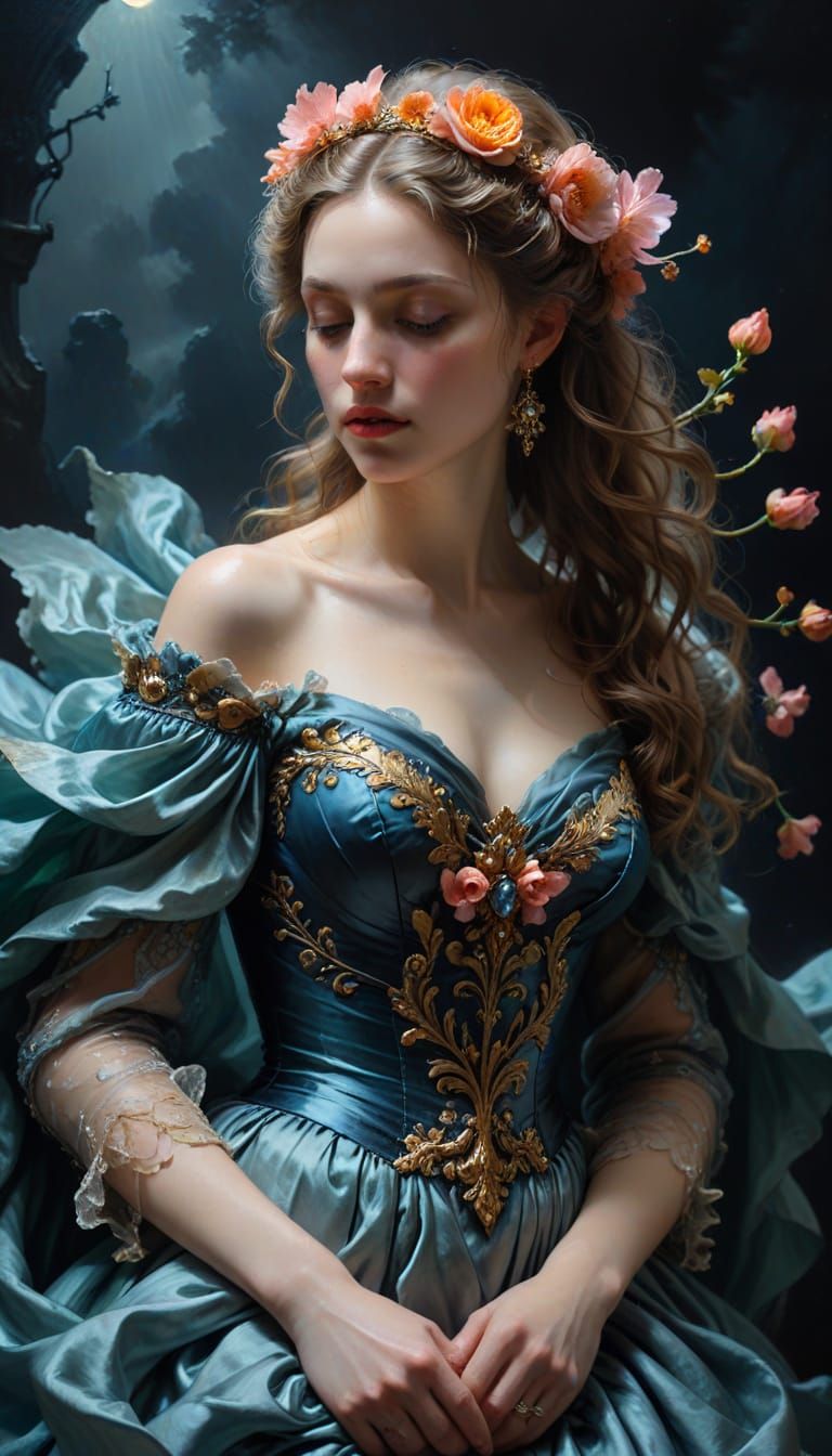 Ethereal Baroque Goddess in Moonlit Elegance