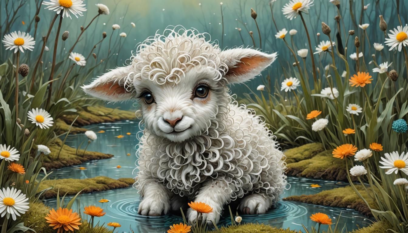 Adorable Lamb in Dandelions, Impressionistic Style