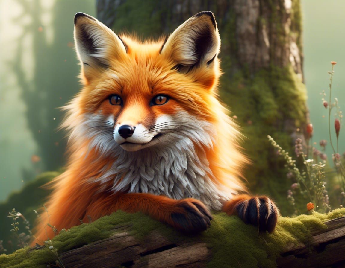 Hyperrealistic Fluffy Fox Illustration on Stump