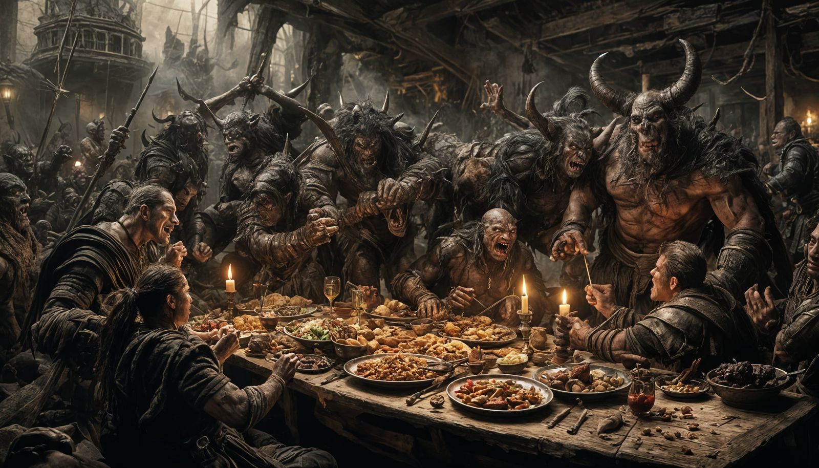 Orcs Clash Violently Over Dinner in Dark Fantasy Style