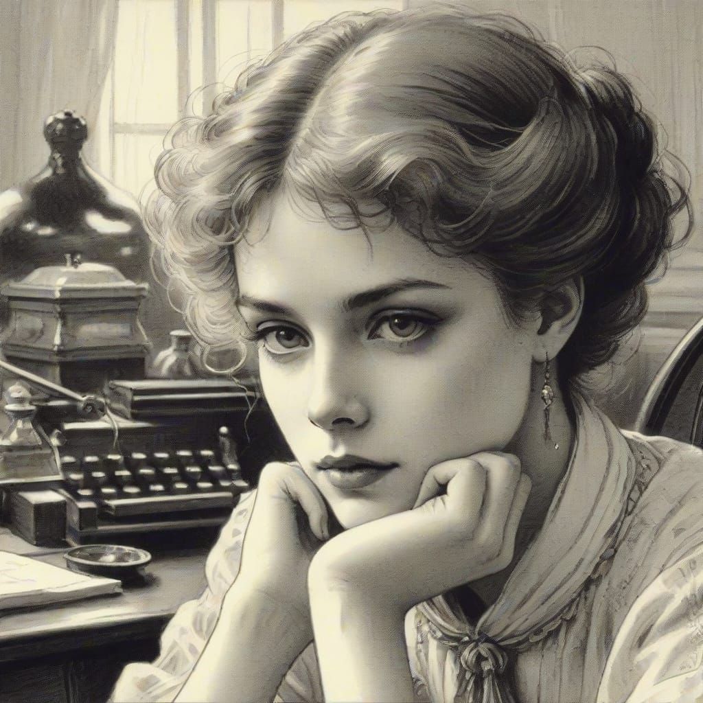 Elegantly Dressed Young Woman in Vintage Office Setting