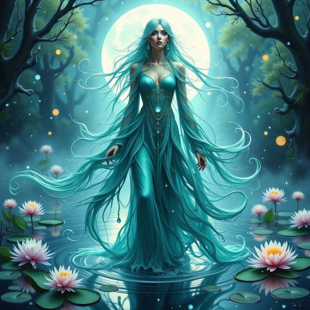 Water Nymph in Dark Glitch Cyberpunk Style