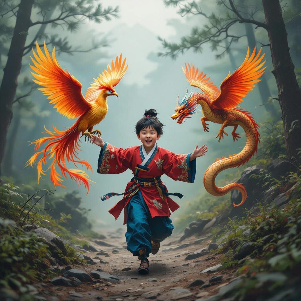Korean Boy Running with Phoenix and Dragon