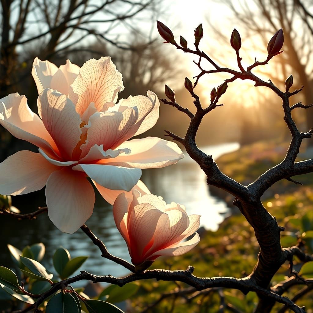 Intricate Magnolias Blooming on Ancient Branches in Sunlight