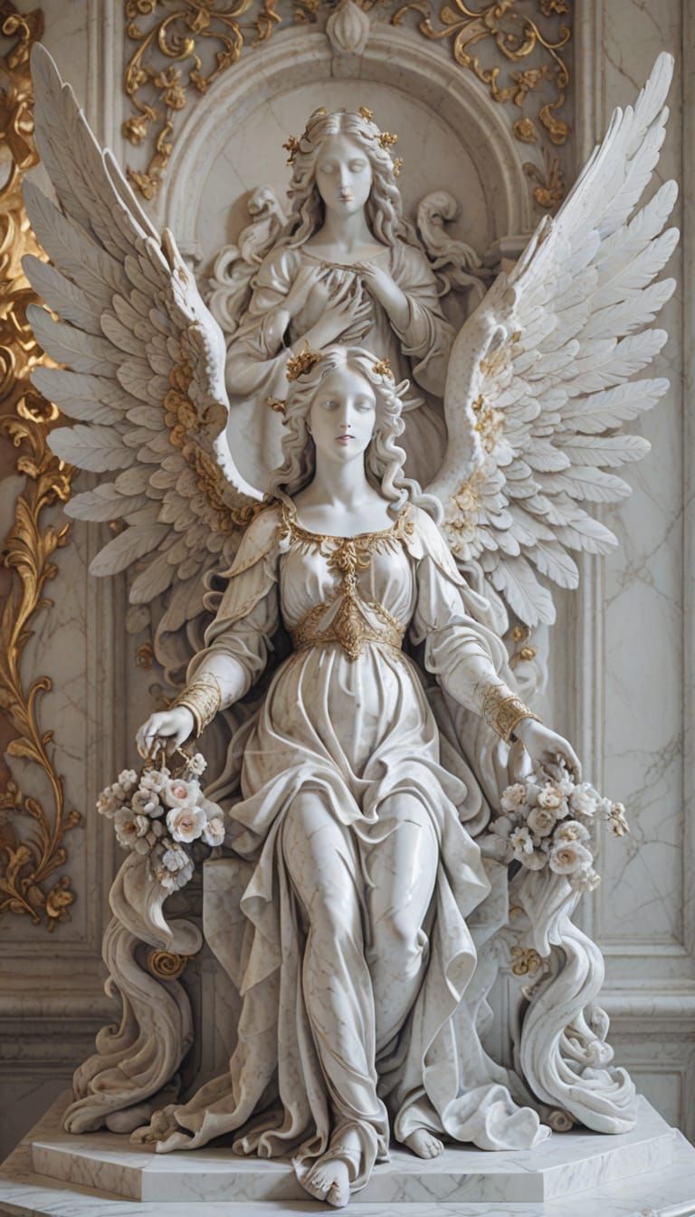 Serene Baroque Angel Statue in Golden Marble