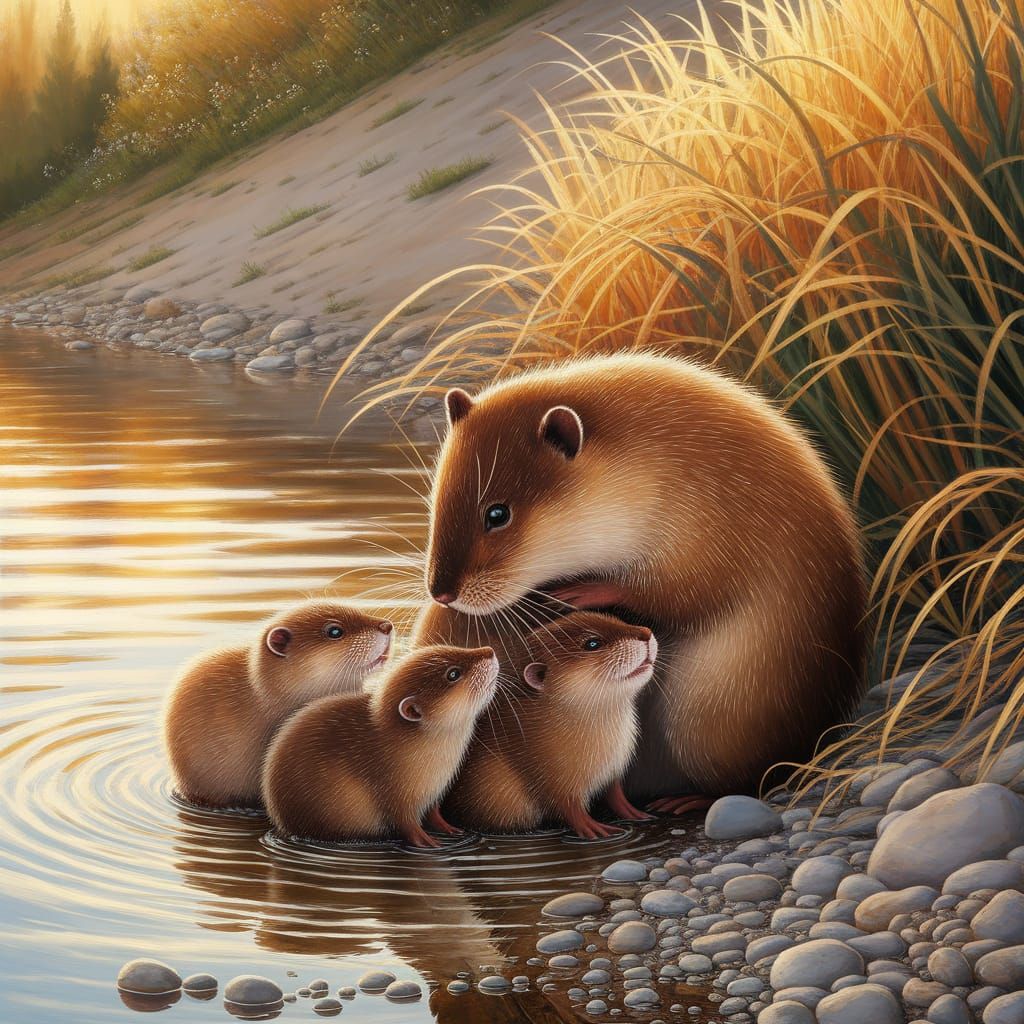 Muskrat Family in Oil Painting Style