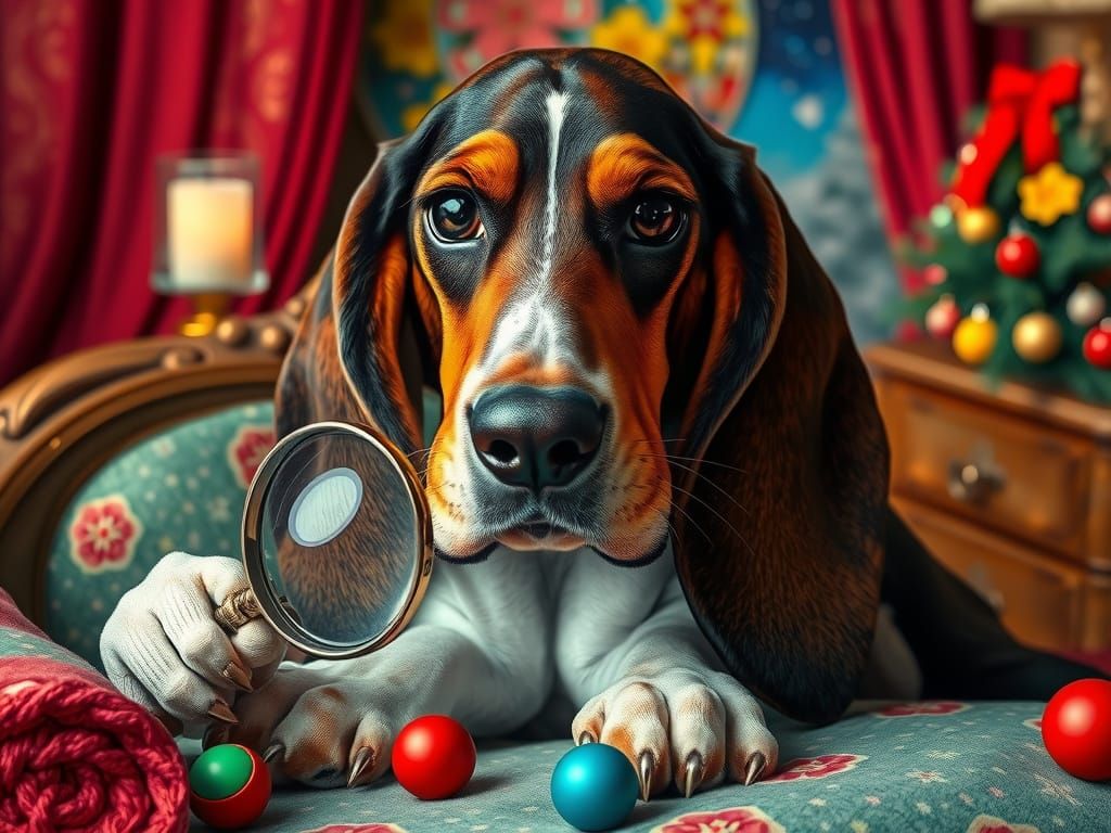 Klimt-Inspired Crochet Basset Hounds in Festive Forest