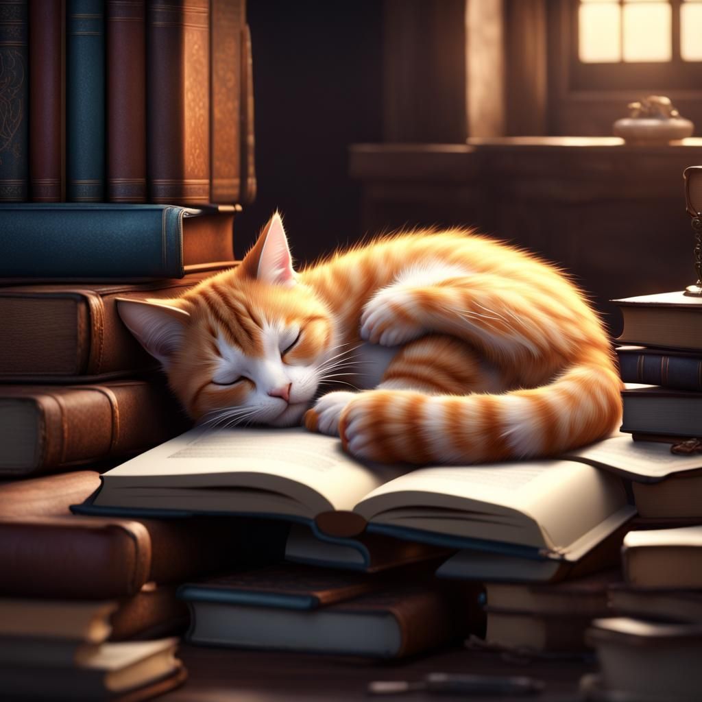 Cute Cat Sleeping on Books as Matte Painting