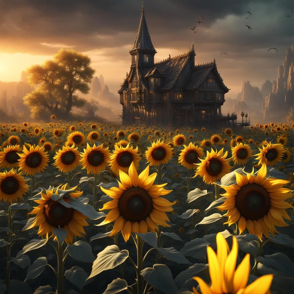 Detailed Sunflower Matte Painting in Deep Color