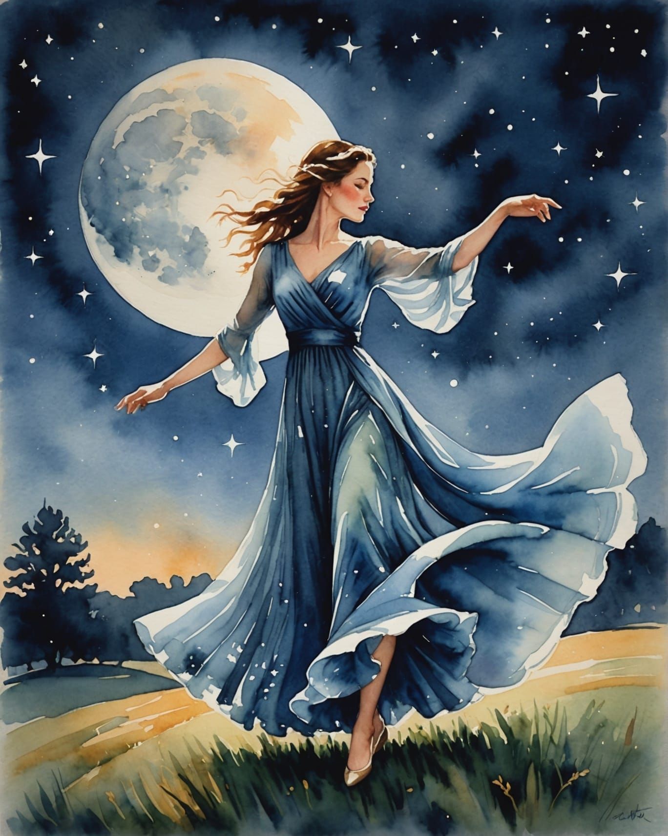 Moonlit Dance: A Watercolor Painting of Grace