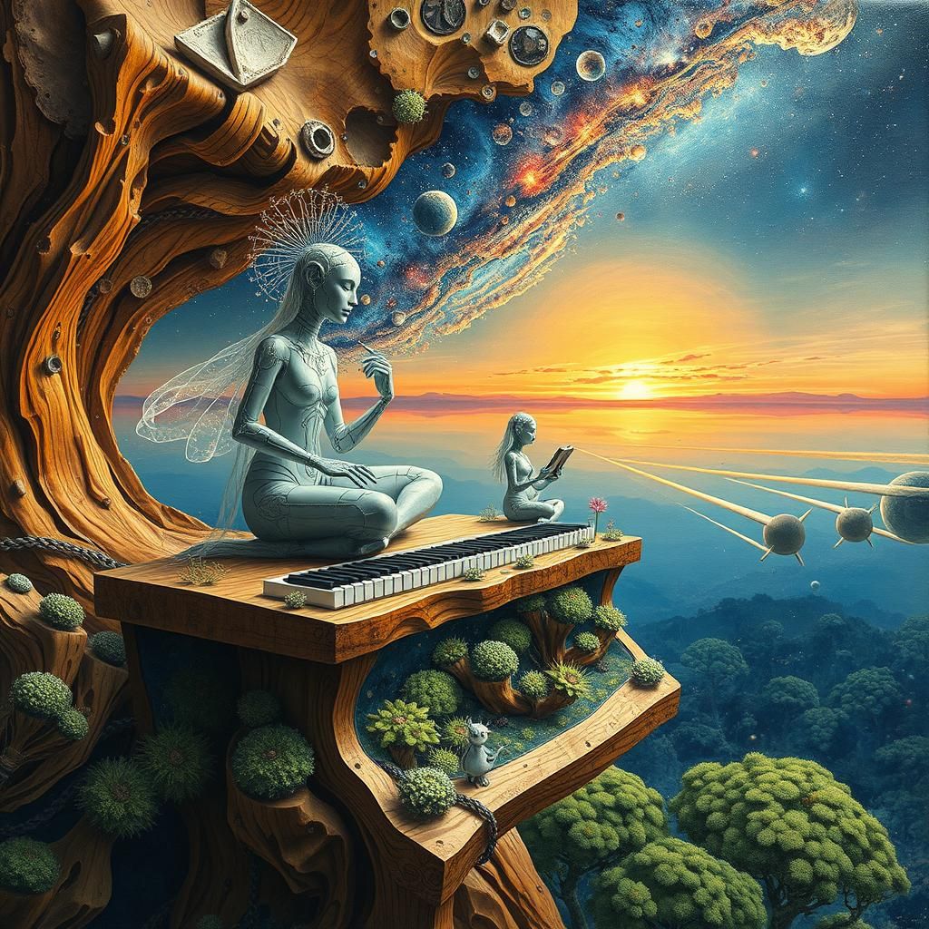 Ethereal Figures Composing Surreal Poems in a Celestial Sett...