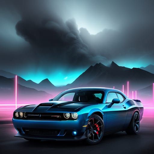 Sleek Metallic Blue Dodge Challenger in Dreamlike, Surreal L...