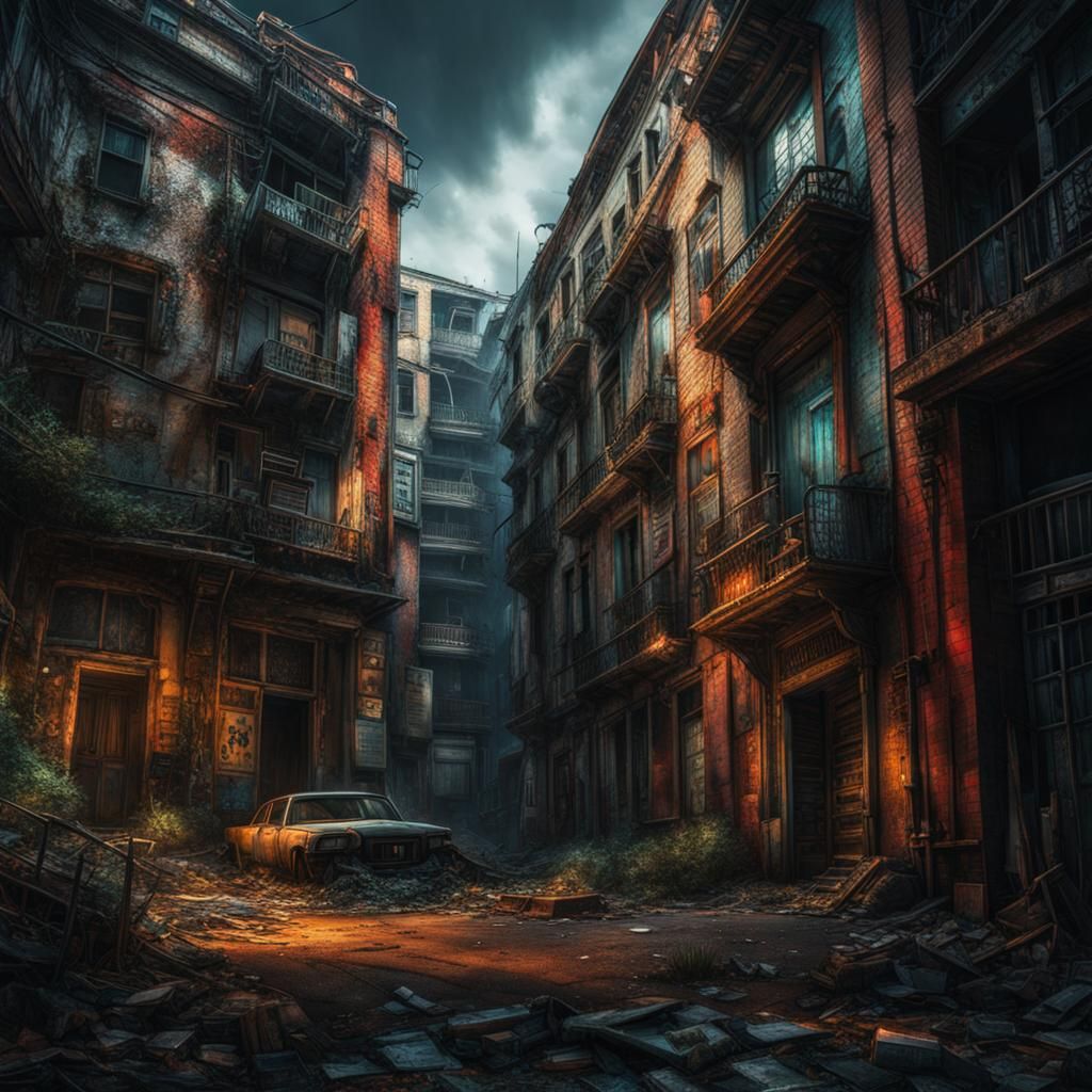 Eerie Abandoned Cityscape in Hyperrealistic Style