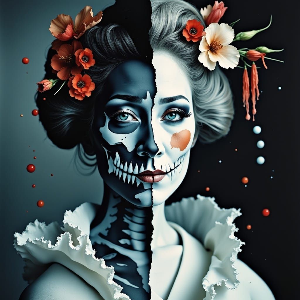 Geisha Portrait: Duality in Water Ink Style