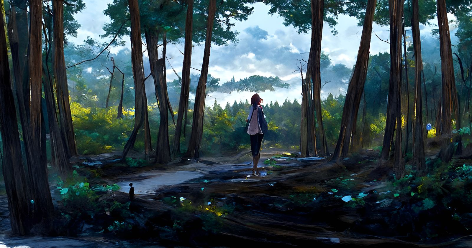 Person in Woods: Matte Painting by Makoto Shinkai
