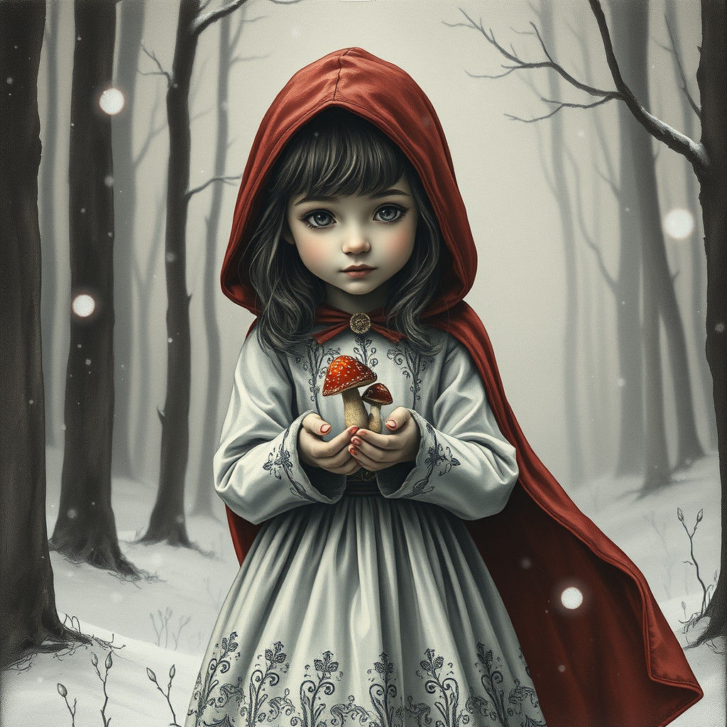 Girl with Mushroom Child in Snowy Forest