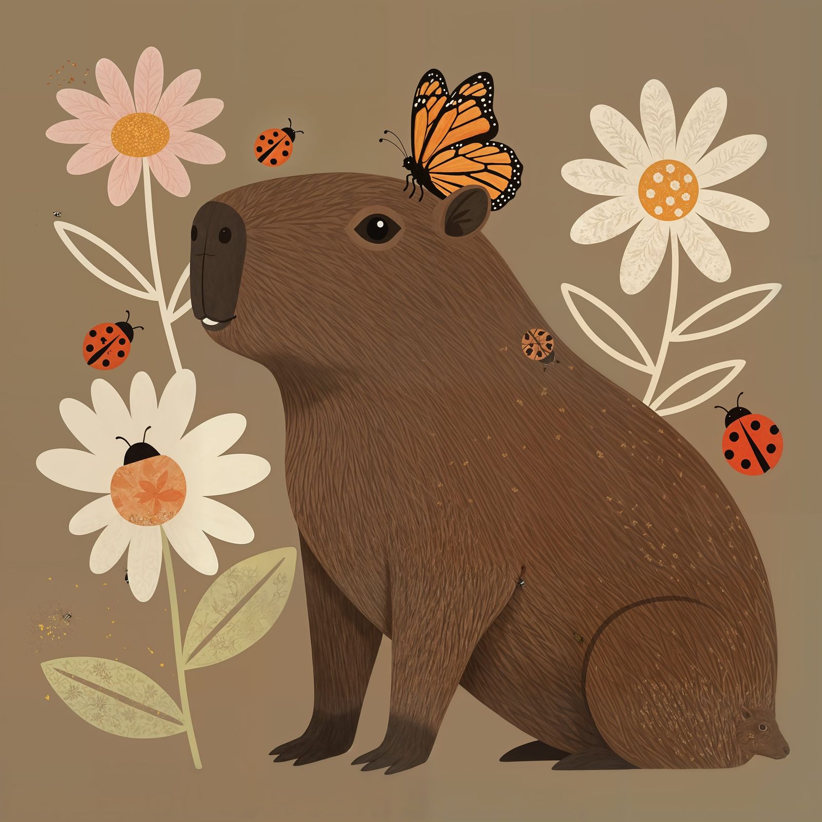 Folksy Capybara with Butterfly and Flowers in Folk Art Style