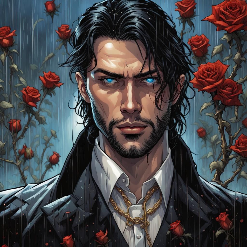 Gothic Vampire in Rose Garden, Dark Fantasy Art