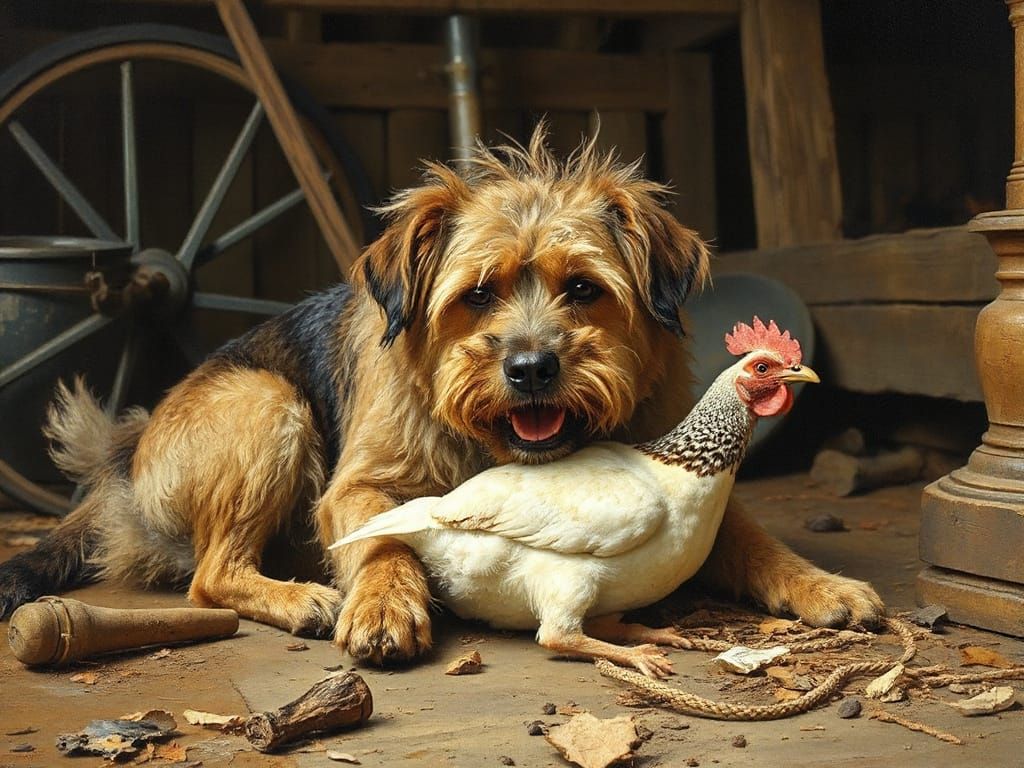 Rugged Farm Dog Devours Chicken in Rustic American Landscape