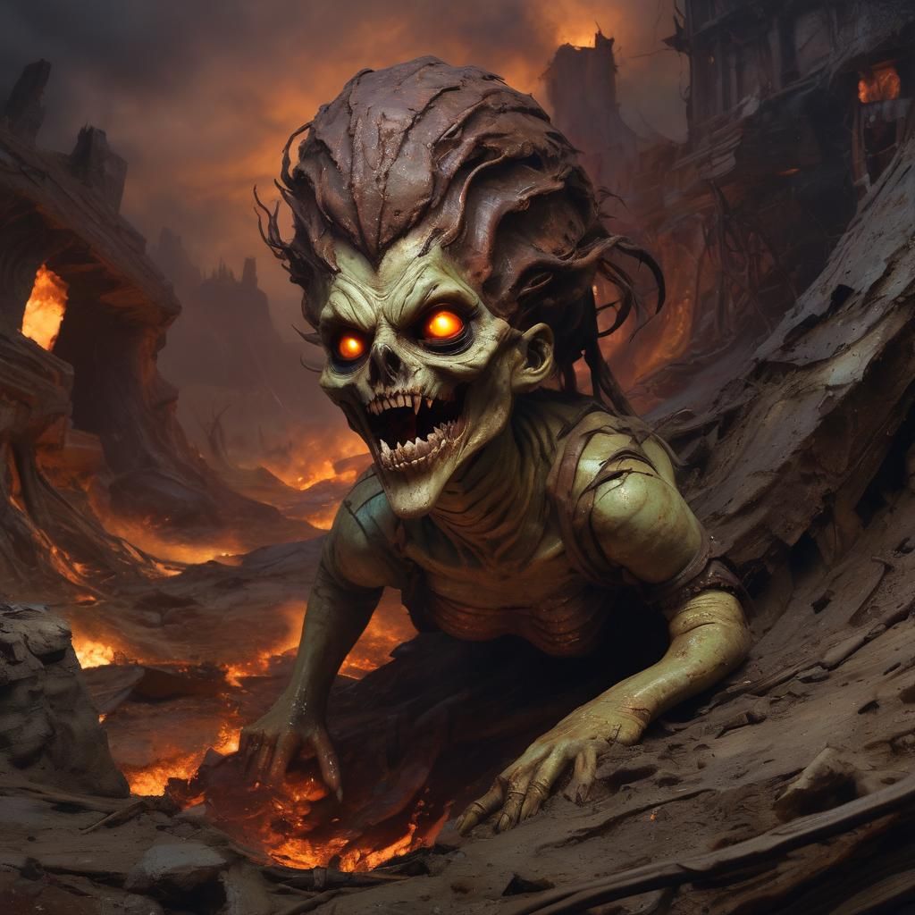 She-Viper Parasitic Pit tornadic dynamic lighting, broken vile, rusted grotesque, storybook illustration in horror. ZBru...