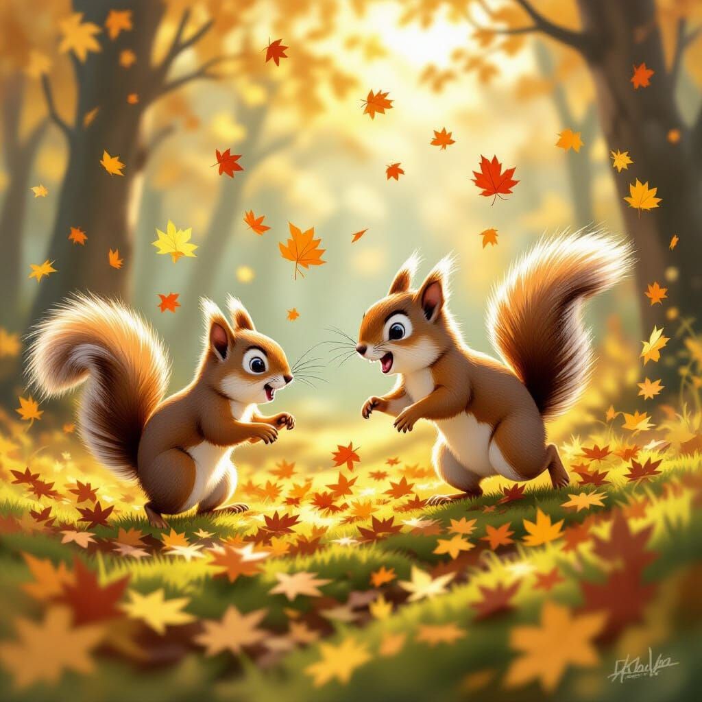 Energetic Squirrels Chase Through Autumn Leaves