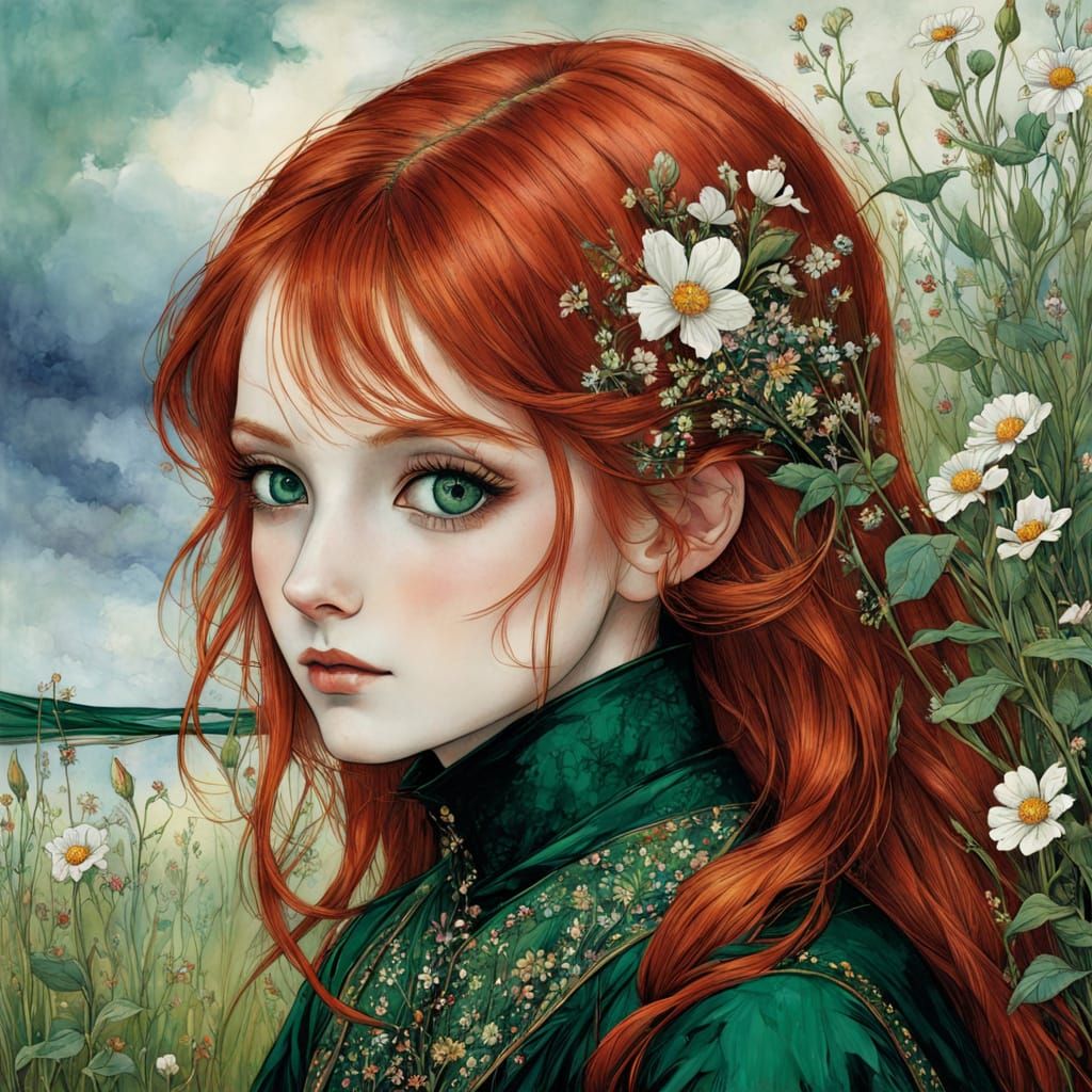 Ethereal Portrait of a Young Girl with Emerald Eyes and Wild...