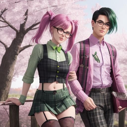 Punk Girl and Nerdy Guy in Cherry Blossom Field