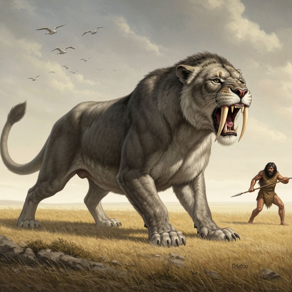 Cave Lion Hunt on the Steppes: Paleoart Scene
