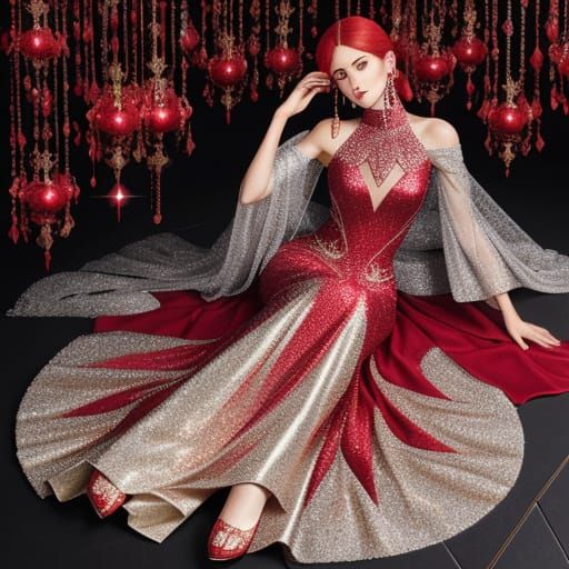 Rose Red Diamond Sequined Bell-Bottom Outfit