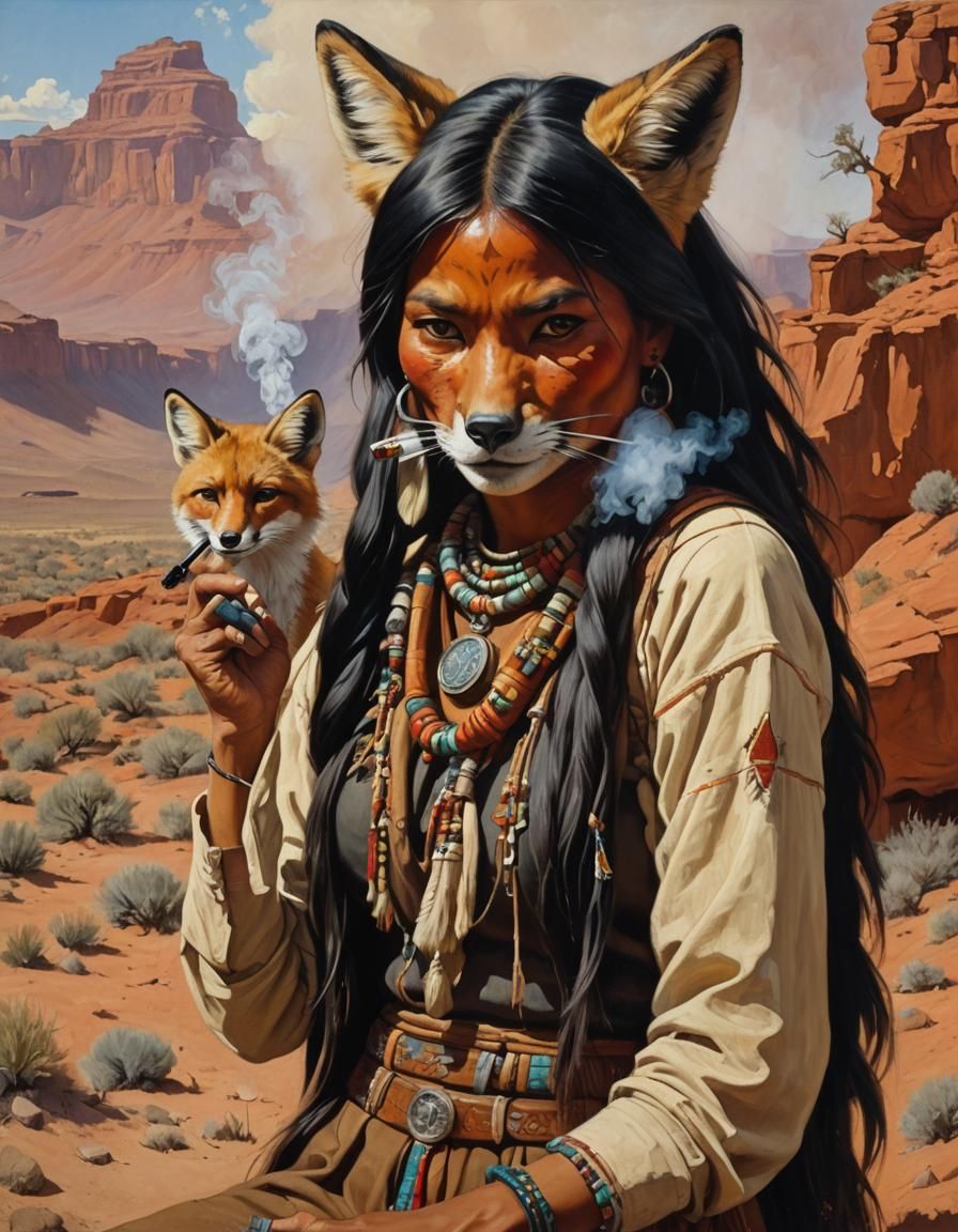 Navajo Fox Girl Smoking Pipe, Oil Painting