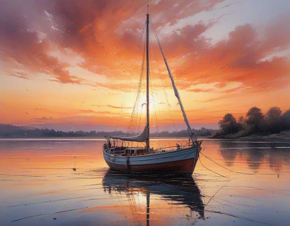 Sailing Boat at Sunset in Watercolour Style