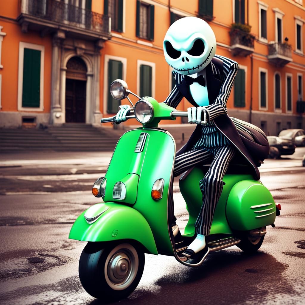 Jack Skellington driving a mint vespa in Rome in Halloween